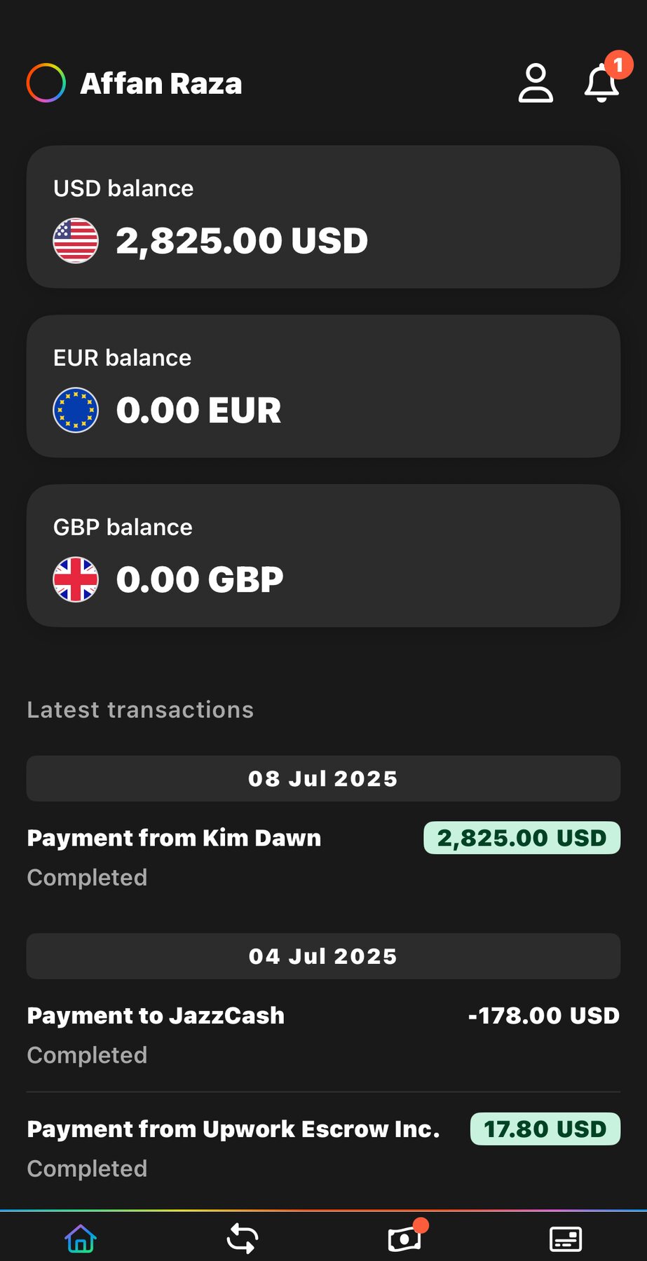 $2,825 international client payment received