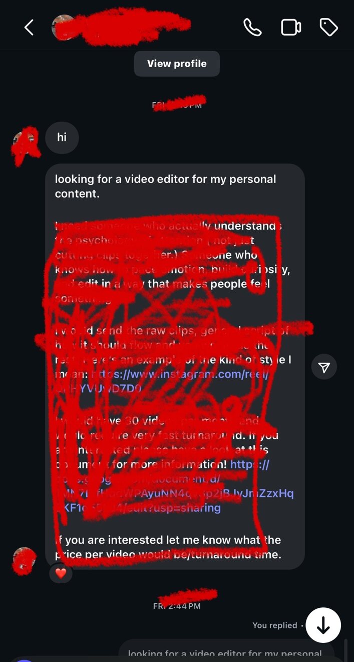 Inbound video-editing opportunity from Instagram