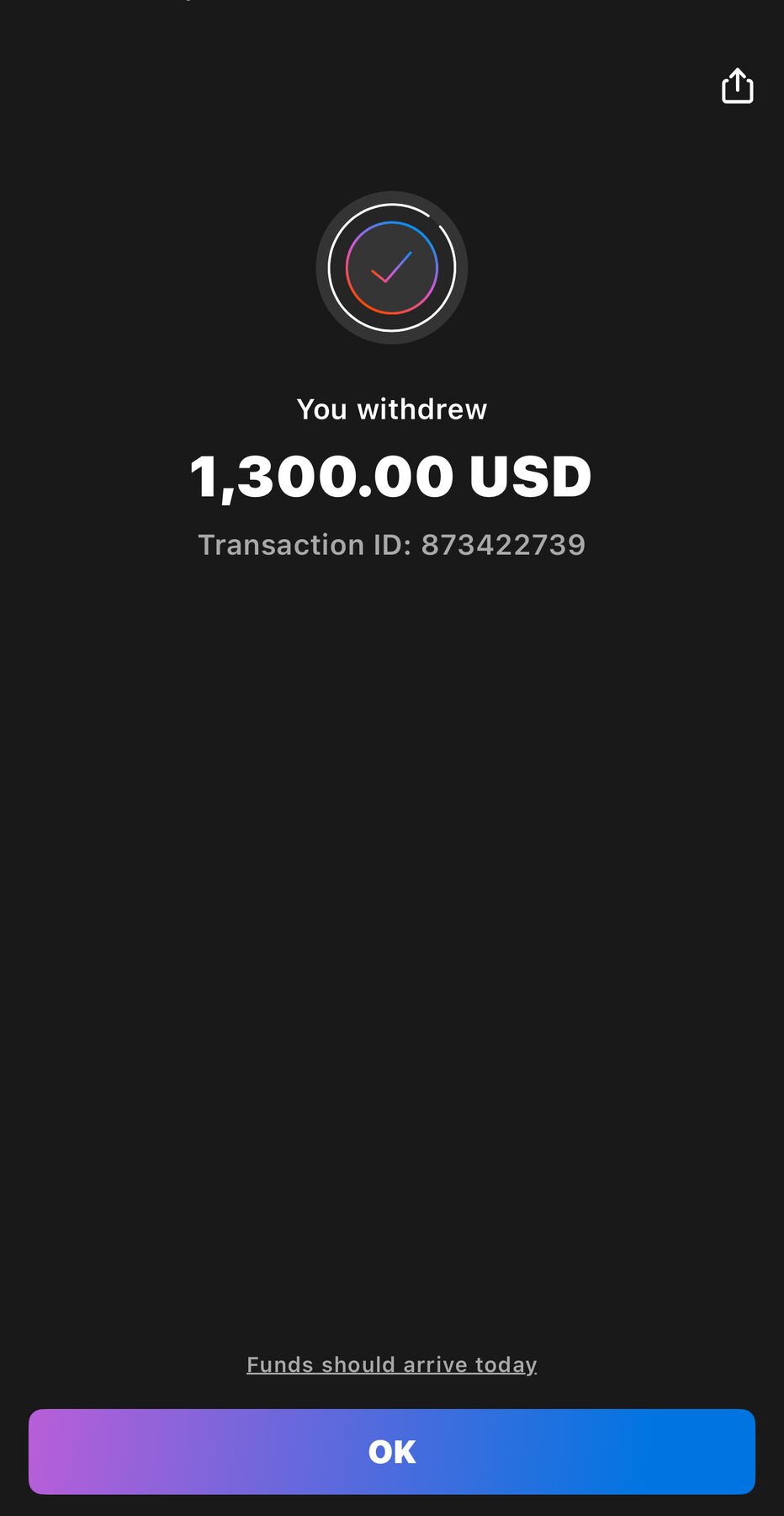 $1,300 successfully withdrawn